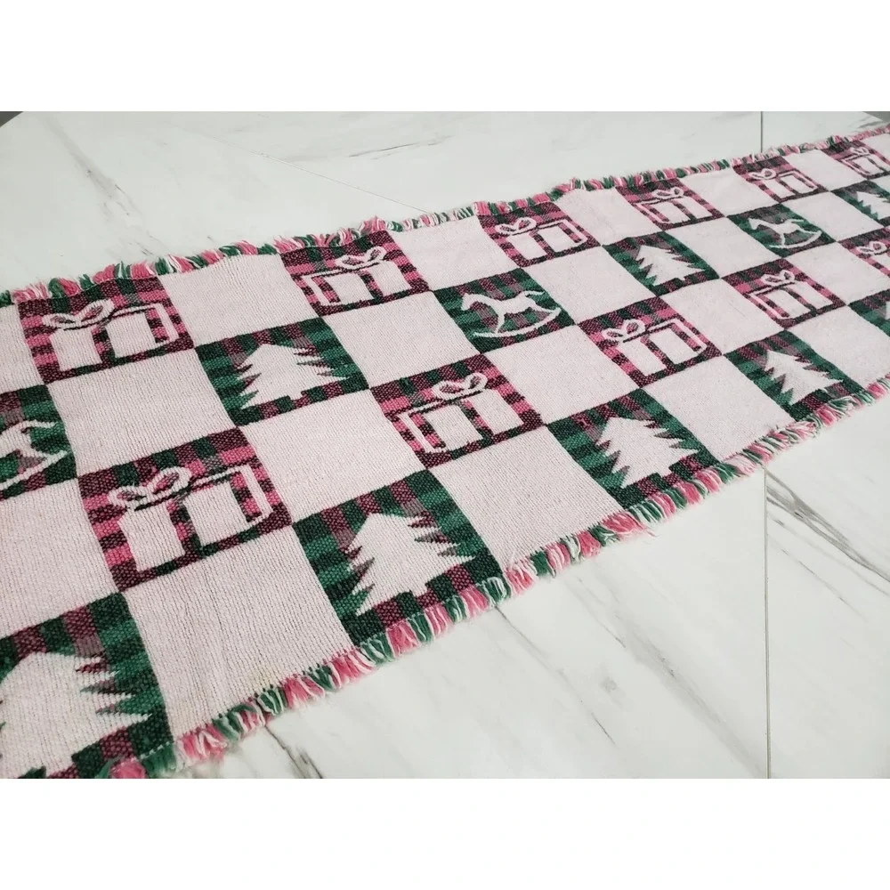 Christmas Table Runner Pink Plaid Tree Rocking Horse Cottagecore Coquette Mod